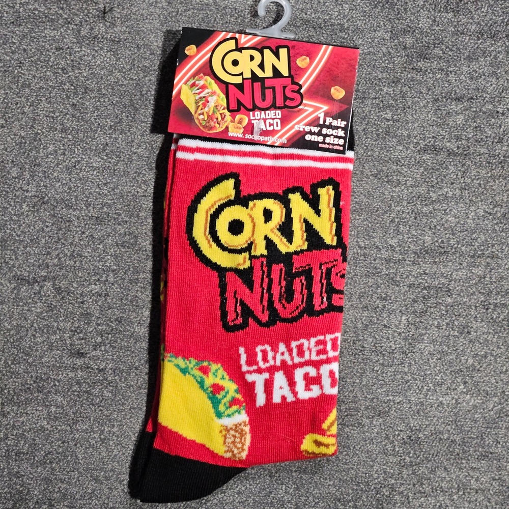 Corn Nuts Loaded Taco Red Crew Socks Mens Size 8-12 Novelty Food Snack Socks NEW